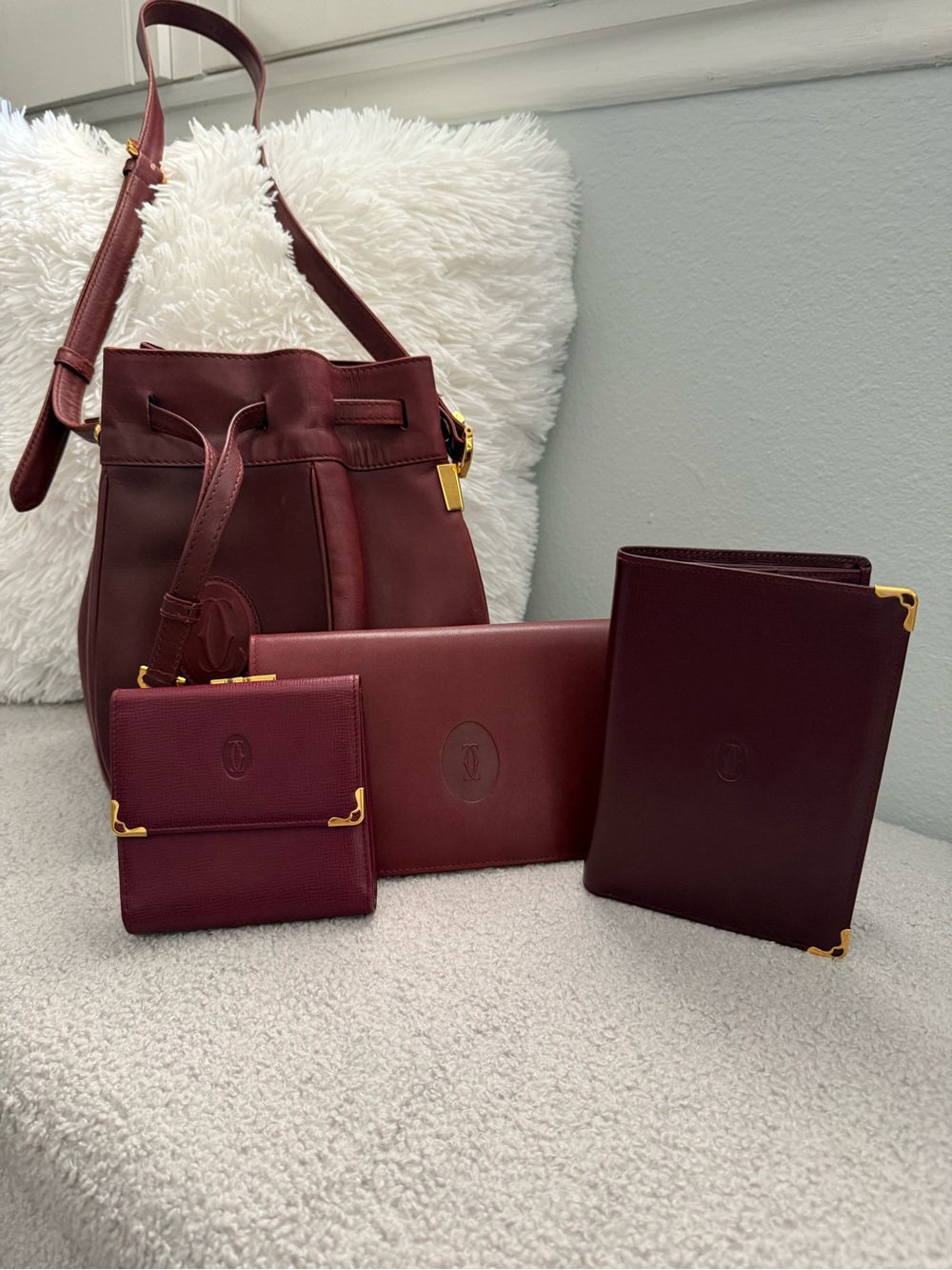 Cartier Burgundy Leather Bucket Bag with 2 Matching Wallets & Passport Holder 👀